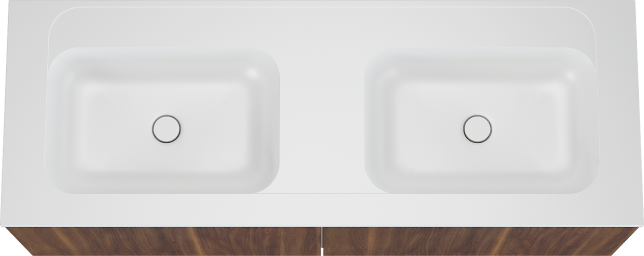 Balmani Sfera zwevend badmeubel 150 x 55 cm amerikaans notenhout met Tablo Strada dubbele wastafel in composietmarmer mat wit