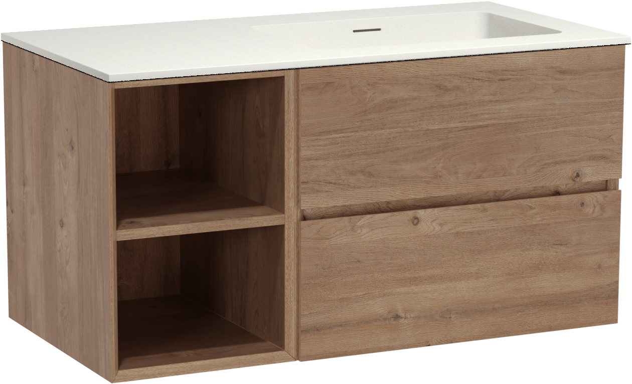 Storke Edge zwevend badmeubel 100 x 52 cm ruw eiken met Mata asymmetrisch rechtse wastafel in solid surface mat wit