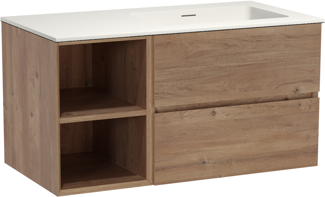 Storke Edge zwevend badmeubel 100 x 52 cm ruw eiken met Mata asymmetrisch rechtse wastafel in solid surface mat wit