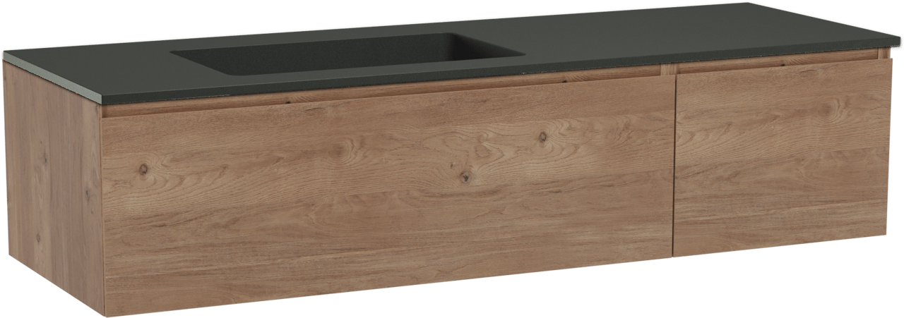 Storke Edge zwevend badmeubel 150 x 52 cm ruw eiken met Scuro asymmetrisch linkse wastafel in kwarts mat zwart