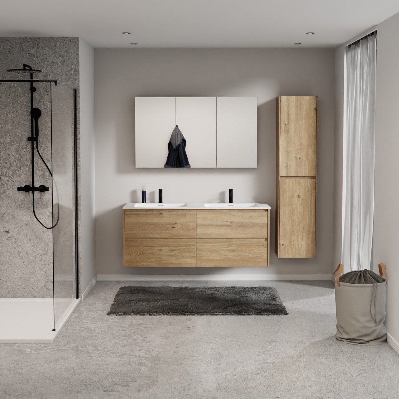 Storke Seda zwevend badkamermeubel 150 x 52 cm ruwe eik met Mata dubbele wastafel in solid surface mat wit