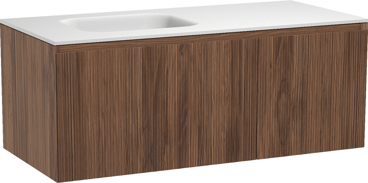 Balmani Fila hängendes Möbelstück Set: 120 x 55 cm, Nussbaum, mit Tablo Arcato Waschtisch links, Solid Surface, Weiß matt, Vertikale symmetrische gerade Rippe