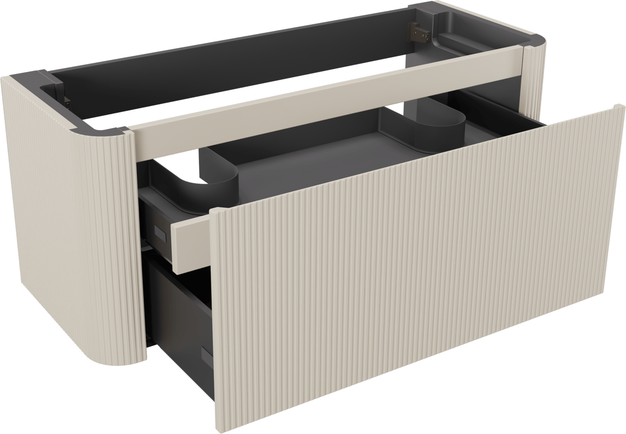 Storke Soft hängendes möbelstück Waschtischunterschränke 120 x 46 cm Sand matt 2 Schubladen Vert. Sym. Rippe