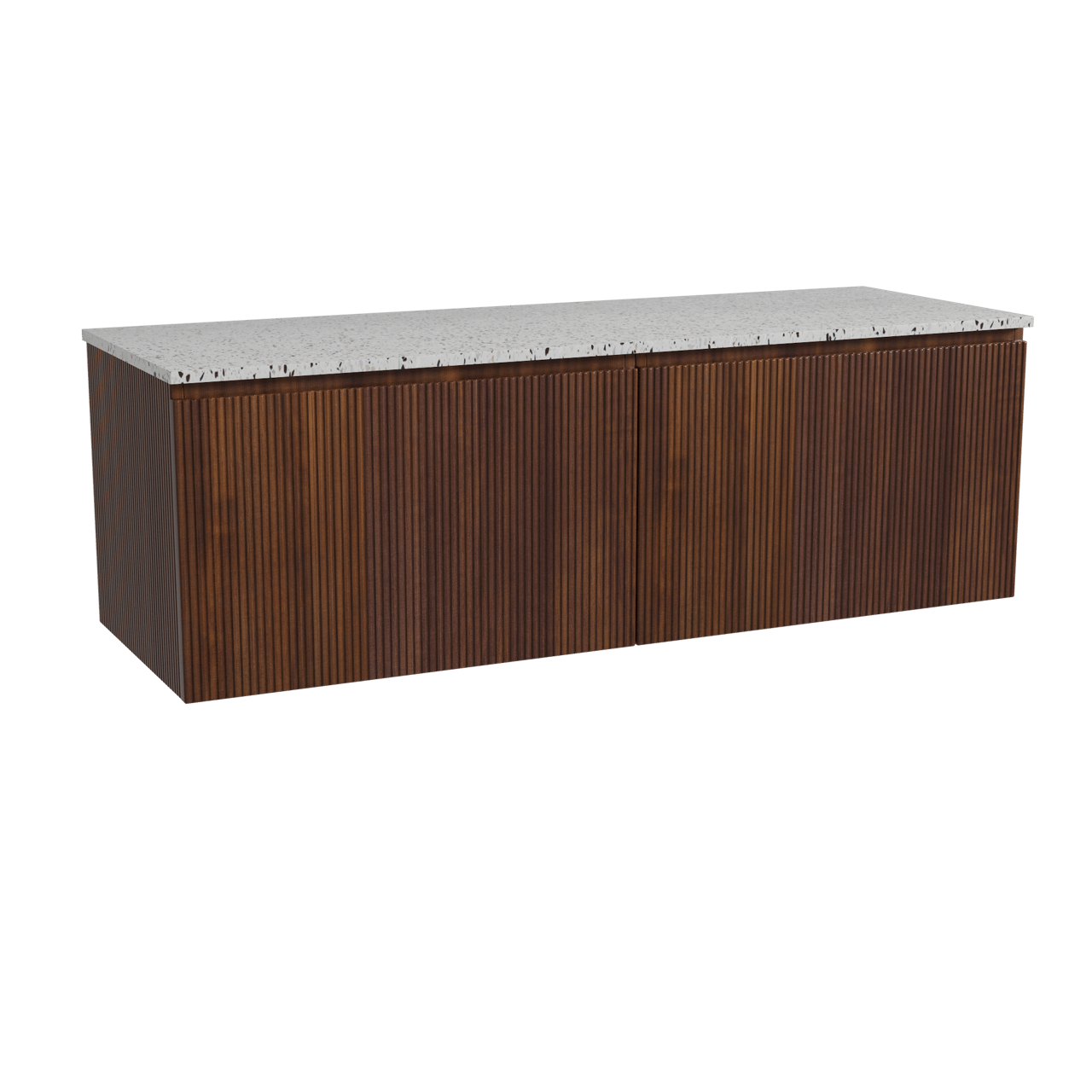 Storke Ribs meuble salle de bains suspendu 150 x 52 cm noyer avec Tavola tablette simple ou double en blanc/noir mat terrazzo, Nervure droite symétrique verticale