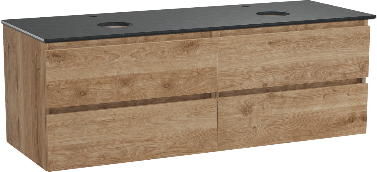 Balmani Lucida zwevend badmeubel 150 x 55 cm ruw eiken met Facetta dubbel wastafelblad in zwart graniet