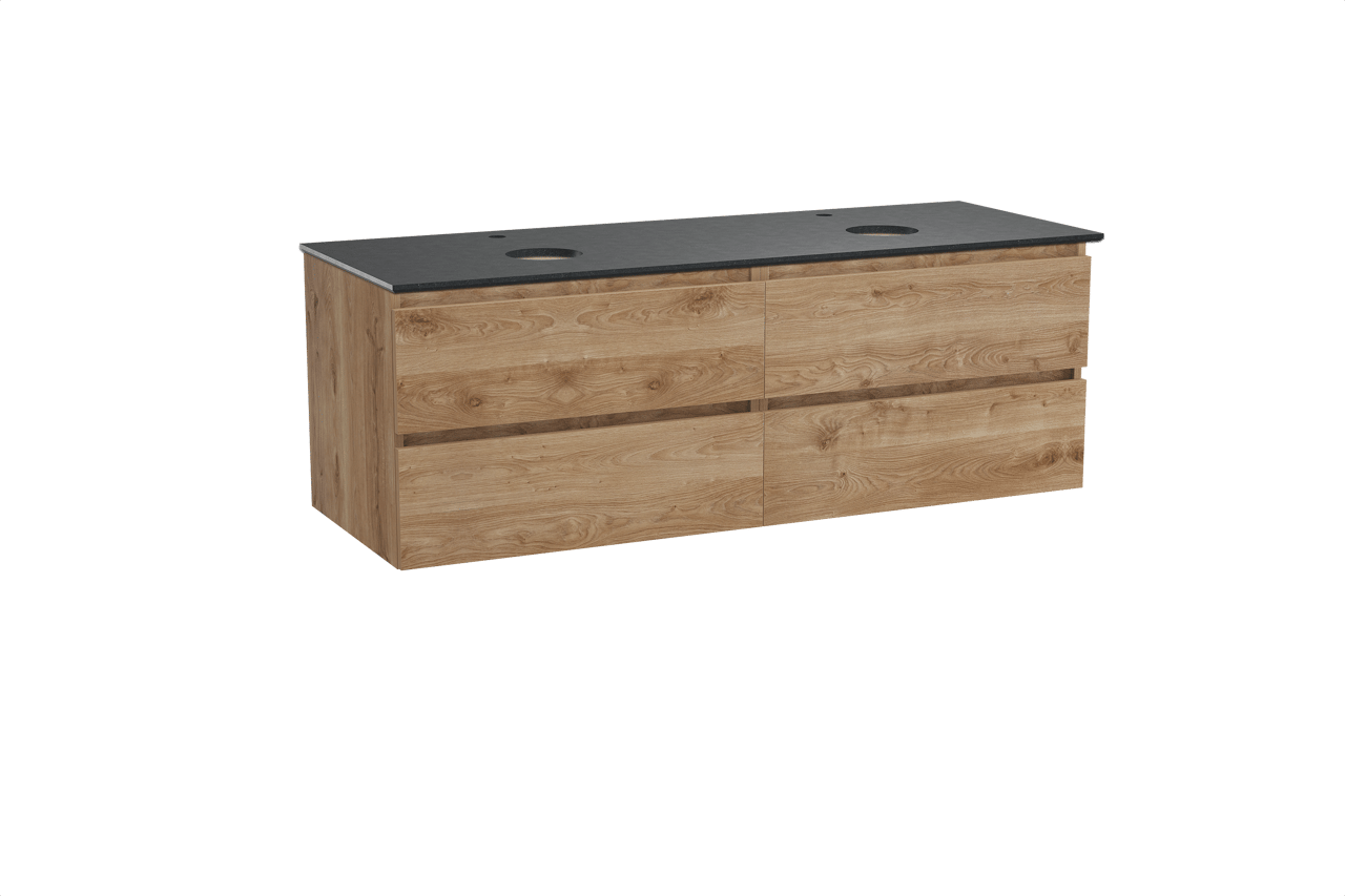 Balmani Lucida hängendes Möbelstück Set: 150 x 55 cm, Rohe Eiche, mit Facetta Doppel Waschtischplatte, Schwarzes Granit