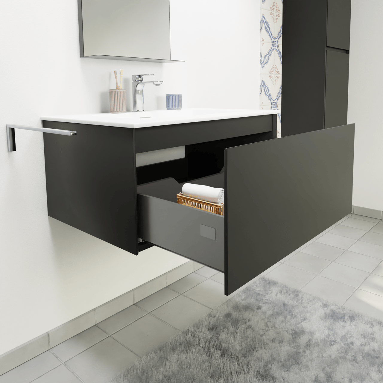 Storke Edge hängendes Möbelstück Set: 75 x 52 cm, Schwarz matt, mit Mata Einzelwaschtisch, Solid Surface Weiß matt