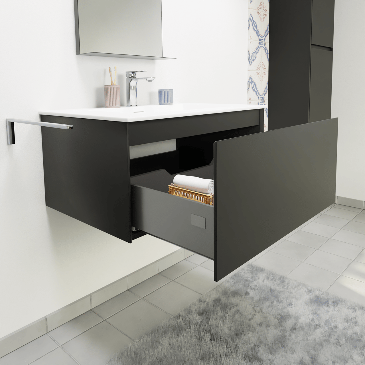 Storke Edge zwevend badkamermeubel 75 x 52 cm mat zwart met Mata enkele wastafel in solid surface mat wit