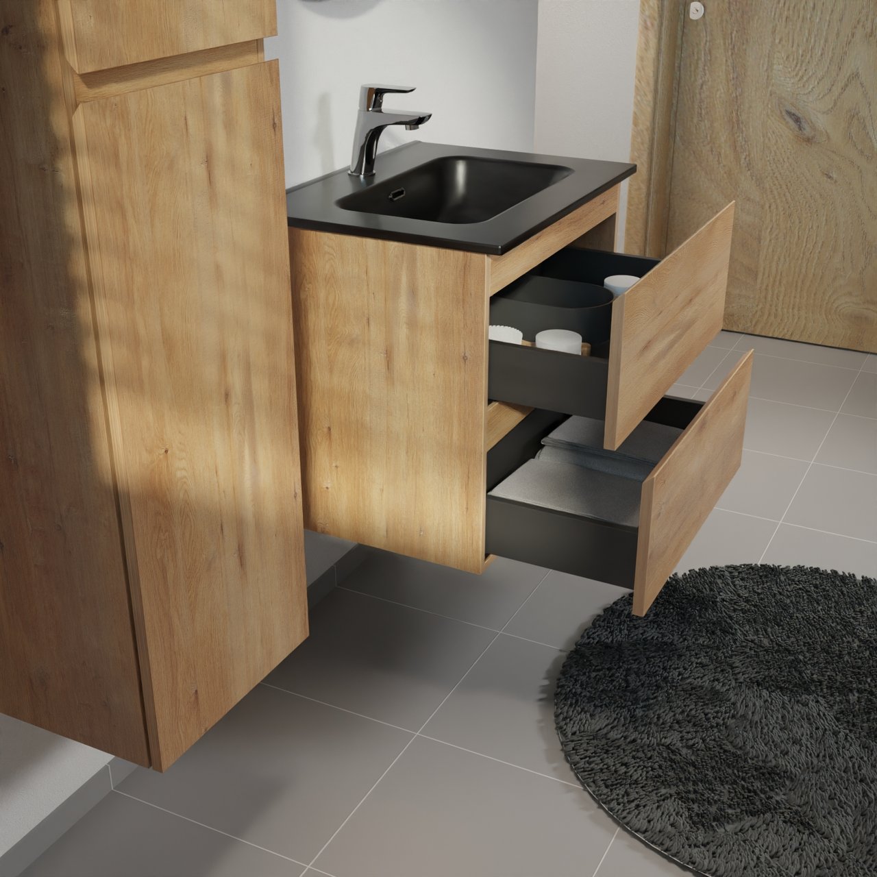 Linie Lado zwevend badmeubel 60 x 46 cm naturel eiken met Baro enkele wastafel in porselein mat zwart