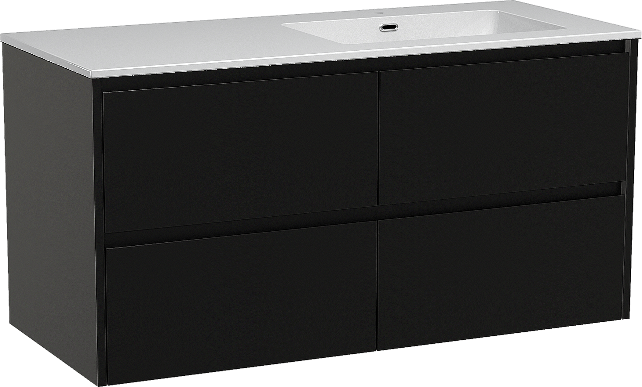 Storke Seda hängendes Möbelstück Set: 120 x 52 cm, Schwarz matt, mit Diva Waschtisch rechts, Marmorkomposit Weiß glänzend