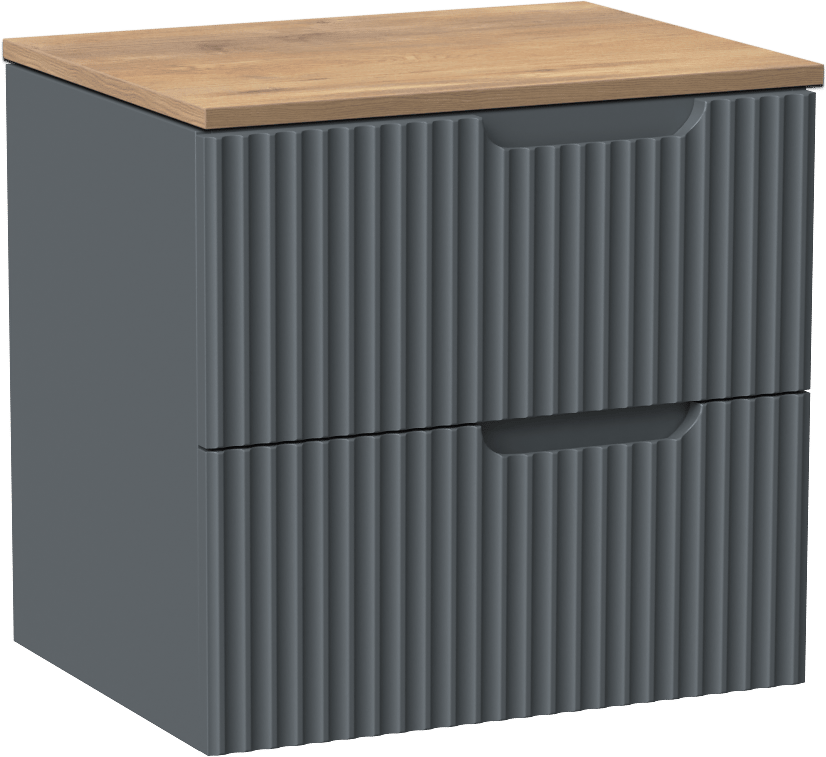 Linie Ribbo zwevend badmeubel 60 x 46 cm blauw antraciet met Lado enkel wastafelblad in melamine naturel eiken, Verticale symmetrische ronde ribbel