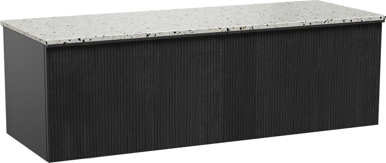 Balmani Forma meuble salle de bains suspendu 150 x 55 cm chêne noir avec Stretto tablette simple ou double en blanc/noir mat terrazzo, Nervure droite symétrique verticale