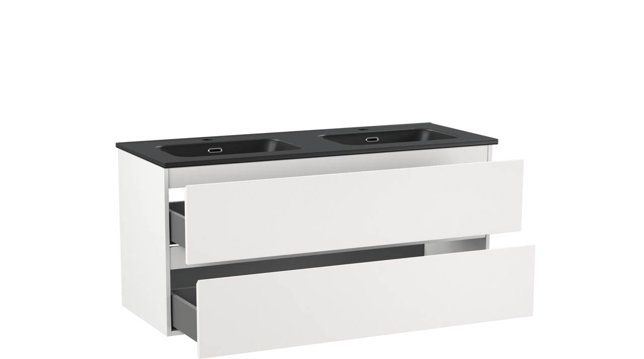 Linie Lado meuble salle de bains suspendu 120 x 46 cm blanc mat avec Baro double vasque en porcelaine noir mat