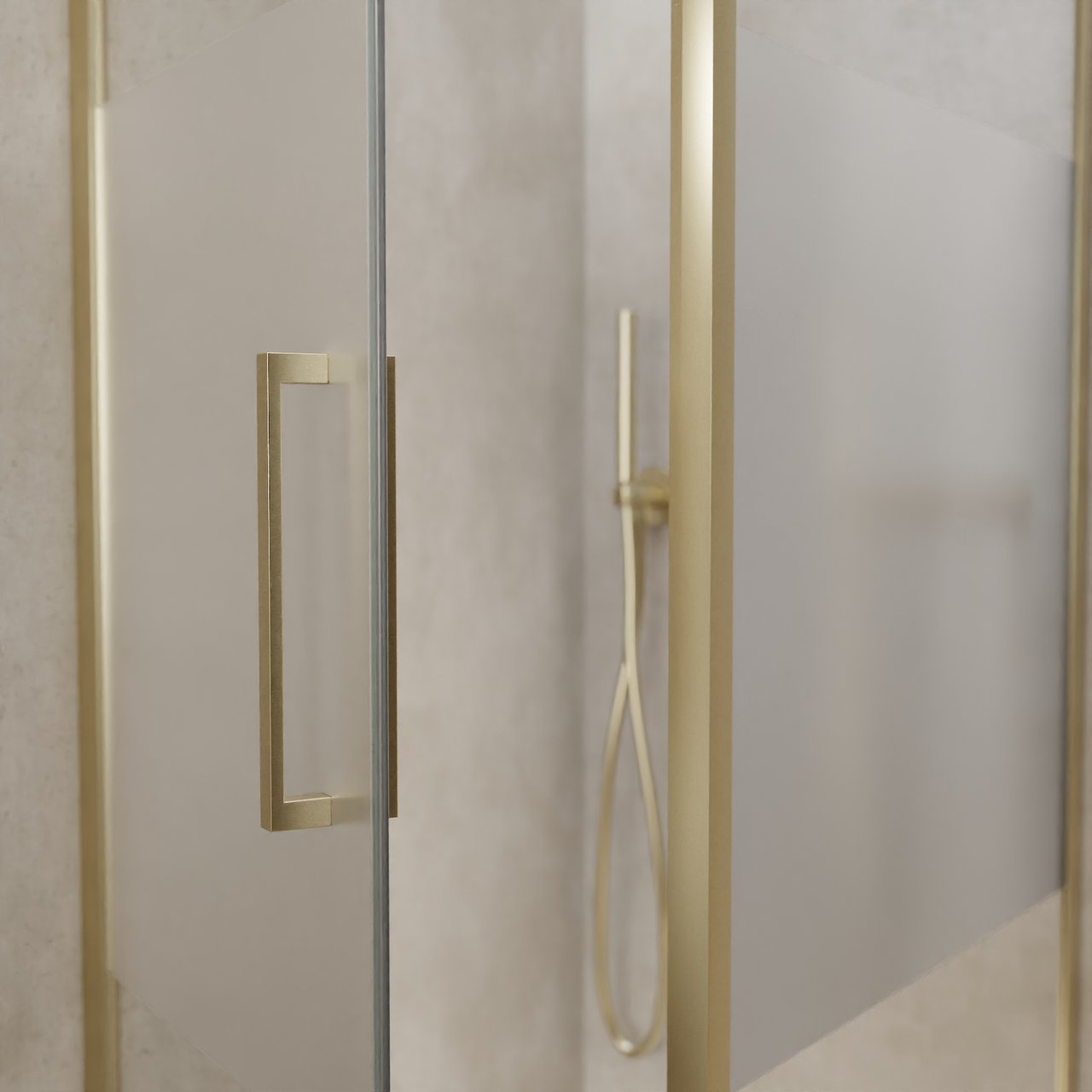 Balmani Senses Design douche d'angle avec porte pivotante à gauche et paroi latérale fixe, 90 x 90 cm, Verre transparent avec bande mate, Profil Brushed Champagne Gold
