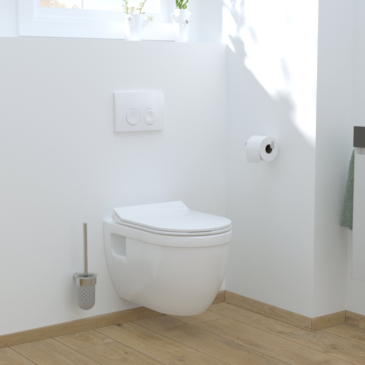 Linie Tempo hangtoilet glanzend wit randloos met Geberit Duofix inbouwreservoir