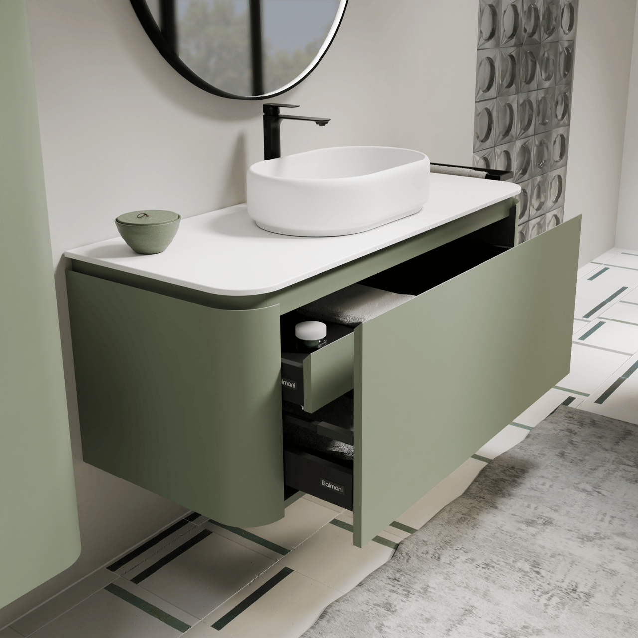 Balmani Moon hängendes Möbelstück Set: 130 x 55 cm, SalbeigrÃ¼n, mit Moon Einzel- oder Doppel Waschtischplatte, Solid Surface Weiß matt