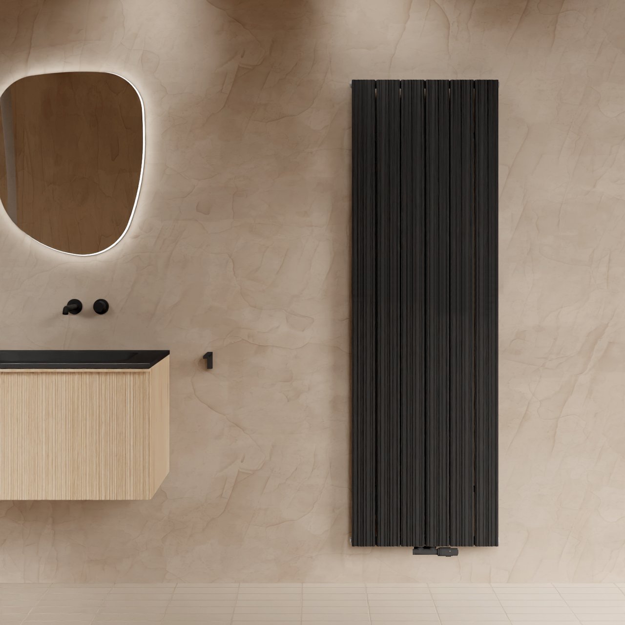 Vipera Mares dubbele handdoekradiator 56,5 x 180 cm centrale verwarming mat zwart zij- en middenaansluiting 2159W