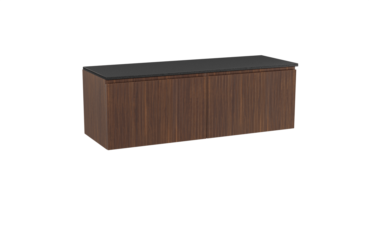 Storke Ribs zwevend badmeubel 150 x 52 cm notenhout met Panton enkel of dubbel wastafelblad in gepoedercoate mdf mat zwart, Verticale symmetrische rechte ribbel