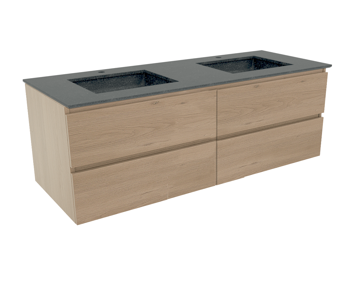 Balmani Lucida Badmöbel Set: 150 cm, Eiche verwittert, mit Tablo Facetta Doppelwaschtisch, Granit, poliert