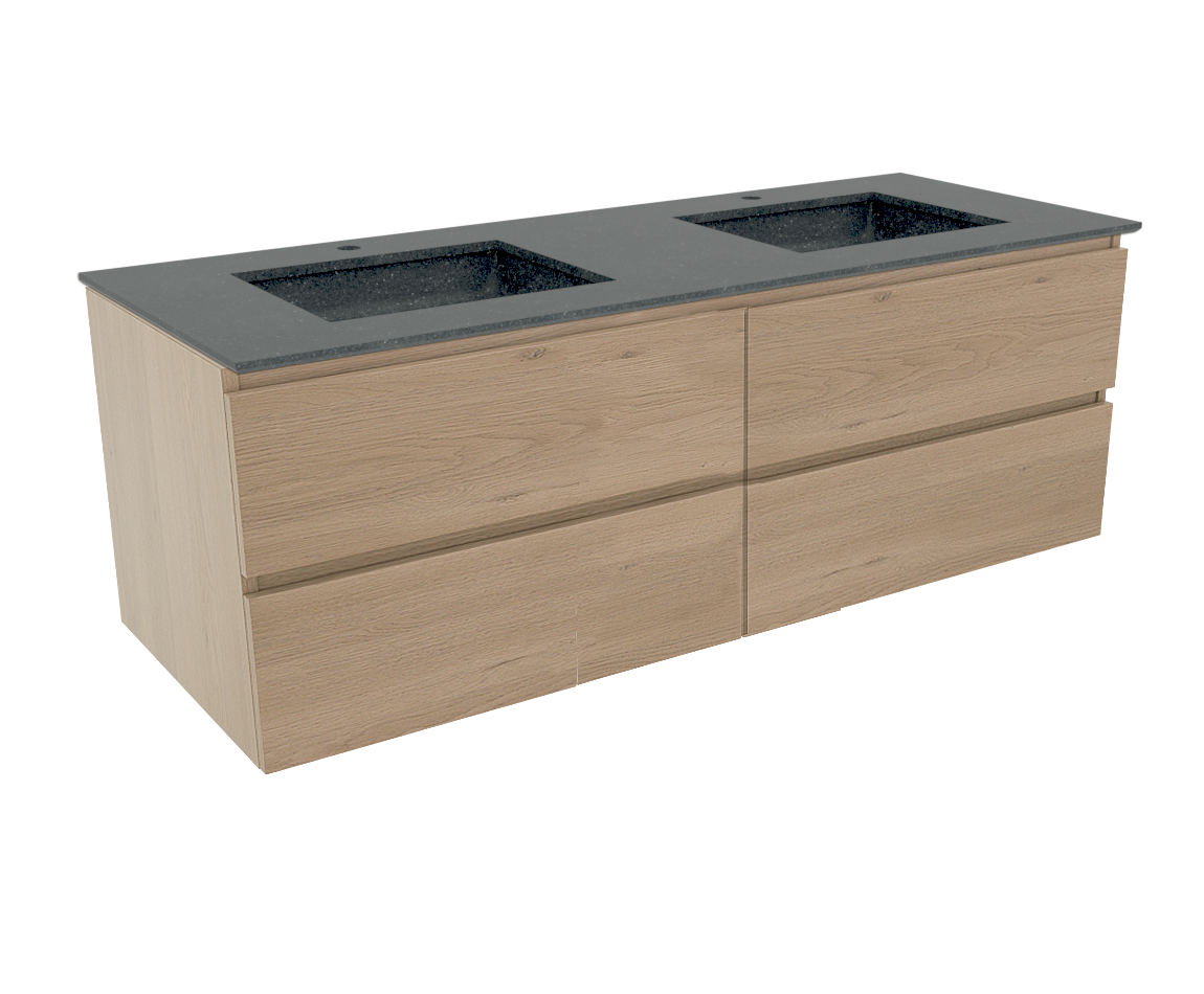Balmani Lucida zwevend badkamermeubel 150 x 55 cm verweerde eik met Tablo Facetta dubbele wastafel in verzoete graniet