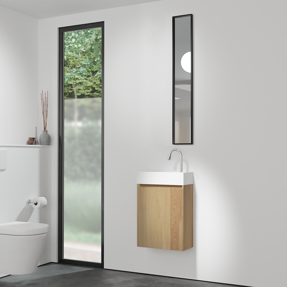Balmani Mitra hängendes Badmöbel Set (Gäste WC): 42 x 21 cm, Eiche Natur, Loop Waschtisch, Solid Surface, matt