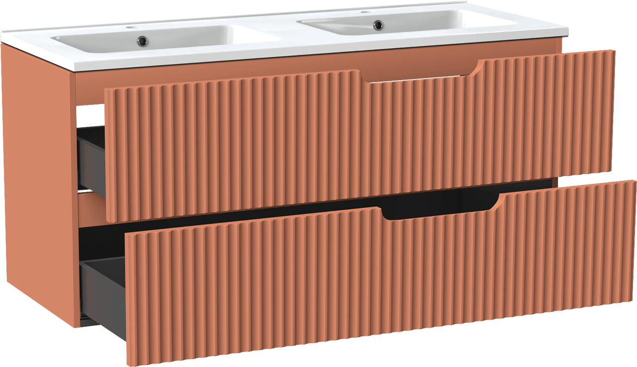 Linie Ribbo zwevend badmeubel 120 x 46 cm cotto met Vano dubbele wastafel in composietmarmer hoogglans wit, Verticale symmetrische ronde ribbel