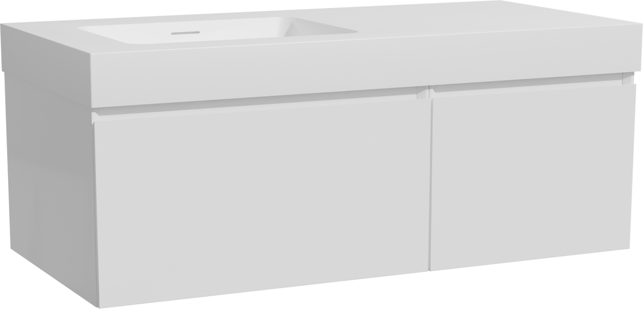 Storke Edge hängendes Möbelstück Set: 110 x 52 cm, Weiß glänzend, mit Mata High Waschtisch links, Solid Surface Weiß matt