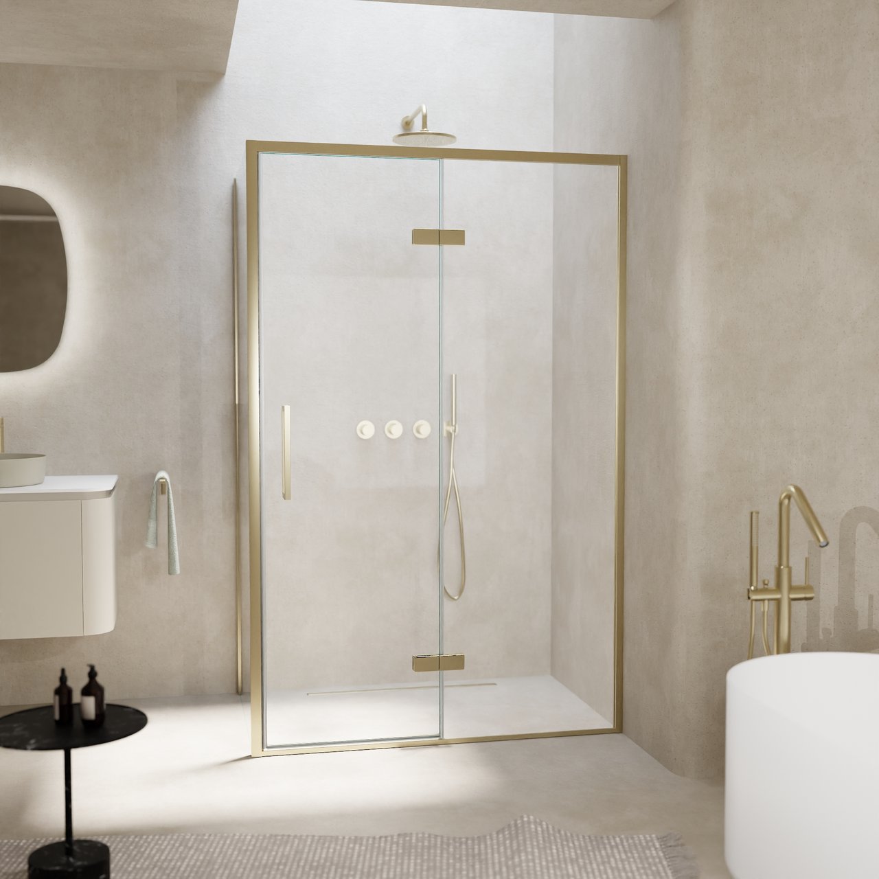 Balmani Senses Design Eckdusche: Drehtür (Rechts) mit fixierte Seitenwand, 120 x 80 cm, Klarglas, Profil Brushed Champagner Gold