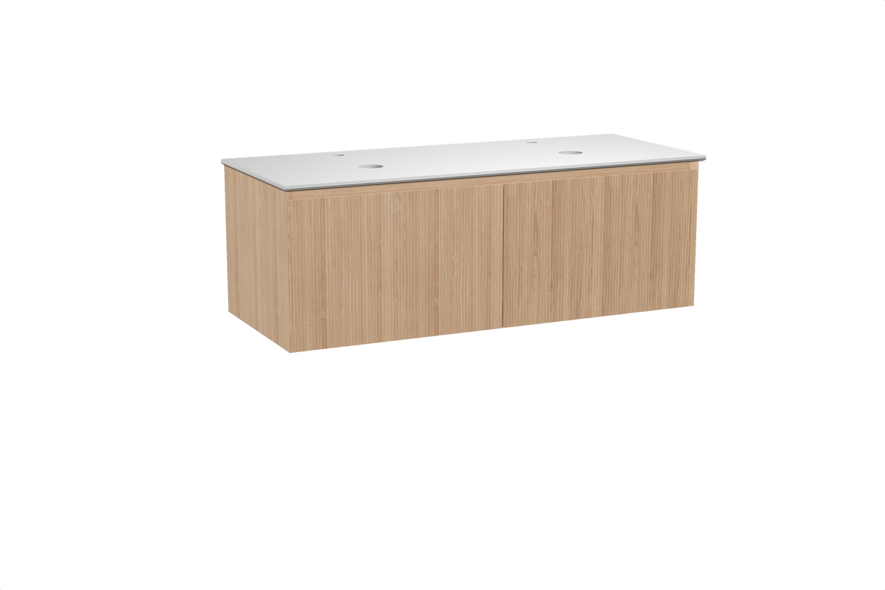 Balmani Fila meuble salle de bains suspendu 135 x 55 cm chêne naturel avec Facetta tablette double en solid surface blanc mat, Nervure droite symétrique verticale