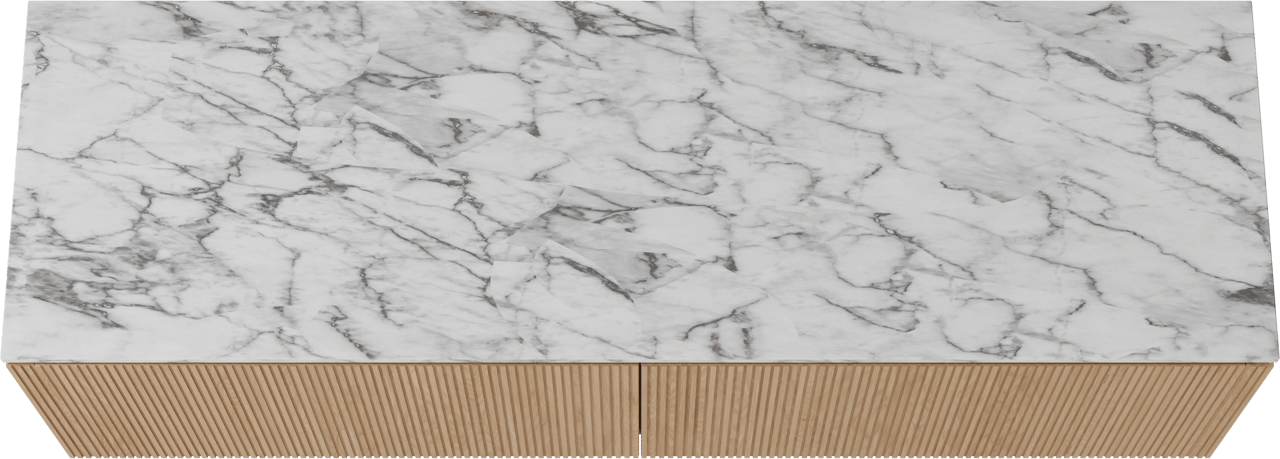 Balmani Eclips zwevend badkamermeubel 180 x 55 cm Natuur eik met Stretto enkel of dubbel tablet in Carrara marmer, Verticale symmetrische rechte ribbel