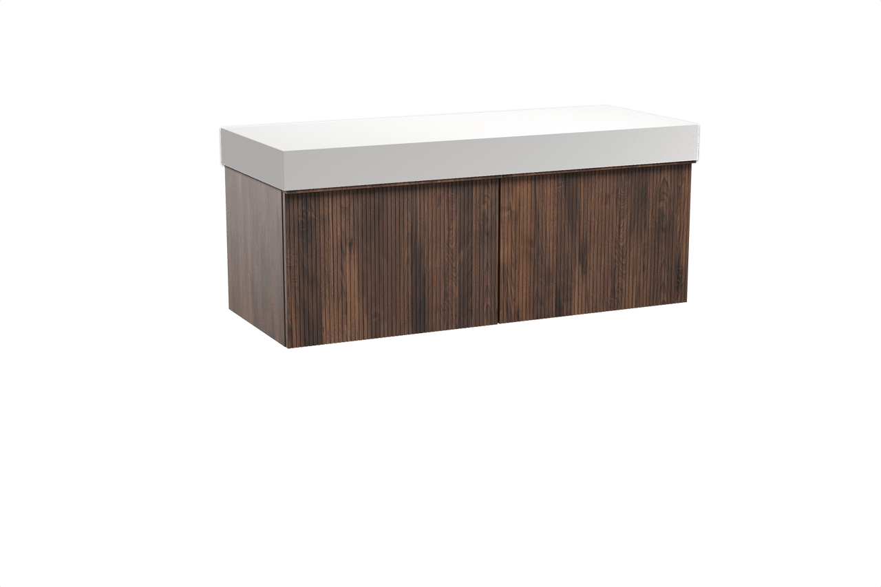 Balmani Forma meuble salle de bains suspendu 135 x 55 cm noyer américain avec Dominus tablette simple ou double en solid surface blanc mat, Nervure droite symétrique verticale