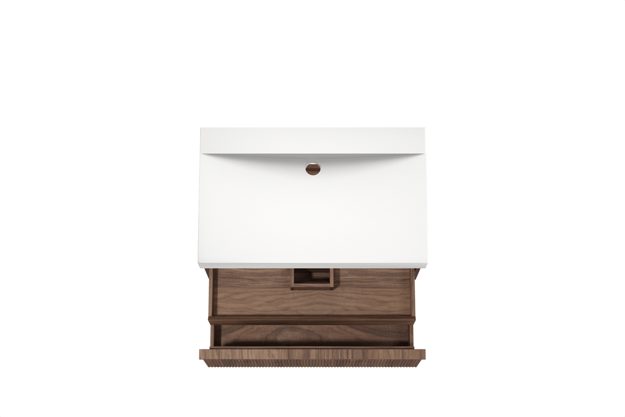 Balmani Forma meuble salle de bains suspendu 90 x 55 cm noyer américain avec Wave plan simple en solid surface blanc mat, Nervure droite symétrique verticale