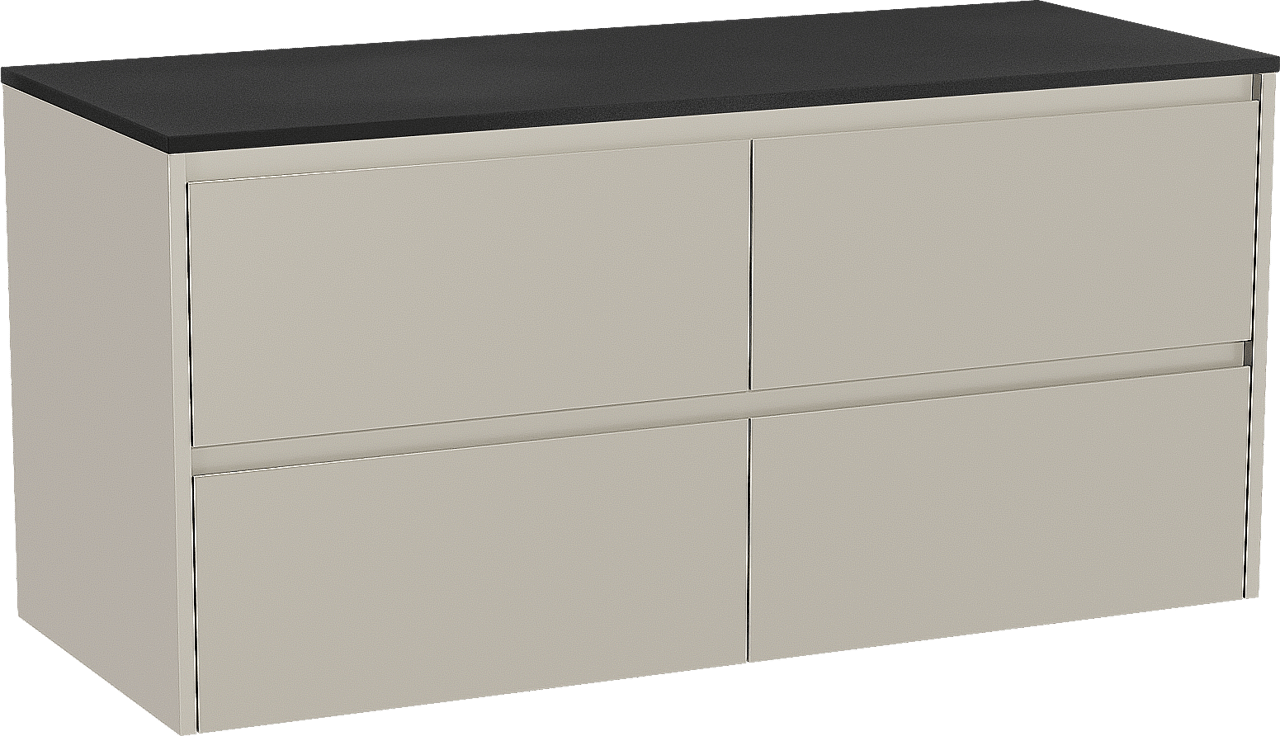 Storke Seda zwevend badmeubel 130 x 52 cm zijdegrijs met Panton enkel of dubbel wastafelblad in gepoedercoate mdf mat zwart