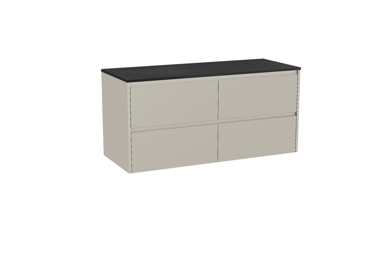 Storke Seda zwevend badkamermeubel 130 x 52 cm zijdegrijs met Panton enkel of dubbel tablet in gepoedercoate mdf mat zwart