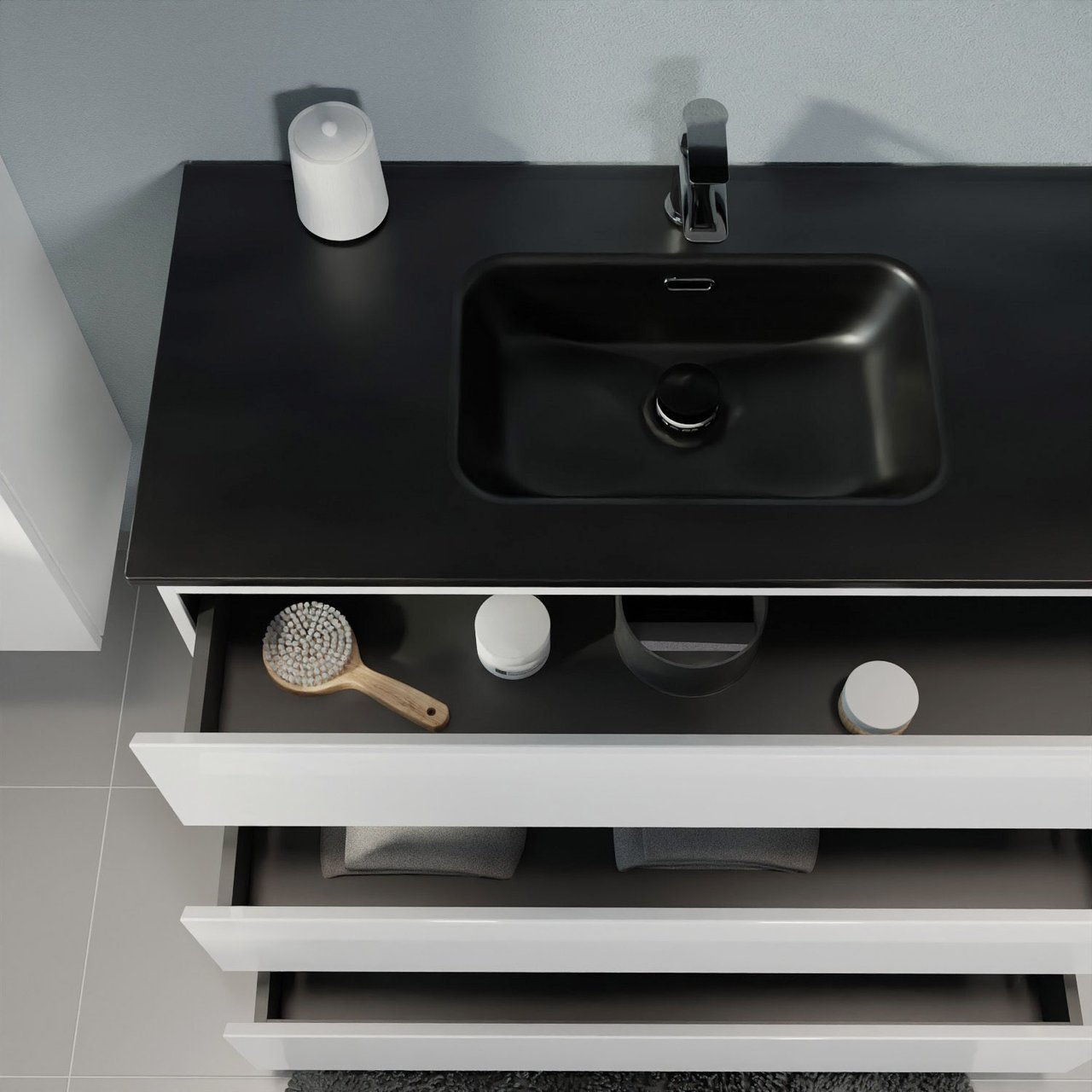 Linie Lado freistehendes Möbelstück Set: 120 x 46 cm, Weiß glänzend, mit Baro Doppelwaschtisch, Porzellan Schwarz matt