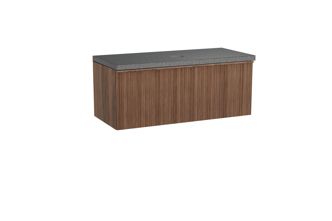 Balmani Forma meuble salle de bains suspendu 120 x 55 cm noyer américain avec Rock tablette simple en granit noir, Nervure circulaire asymétrique verticale