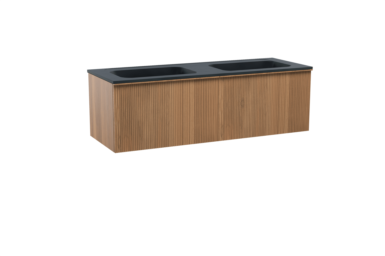 Balmani Forma hängendes Möbelstück Set: 150 x 55 cm, Teak, mit Tablo Strada Doppelwaschtisch, Marmorkomposit, Schwarz matt, Vertikale symmetrische gerade Rippe