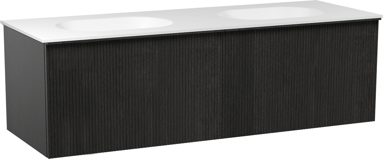 Balmani Forma meuble salle de bains suspendu 150 x 55 cm chêne noir avec Tablo Oval double vasque en solid surface blanc mat, Nervure droite symétrique verticale