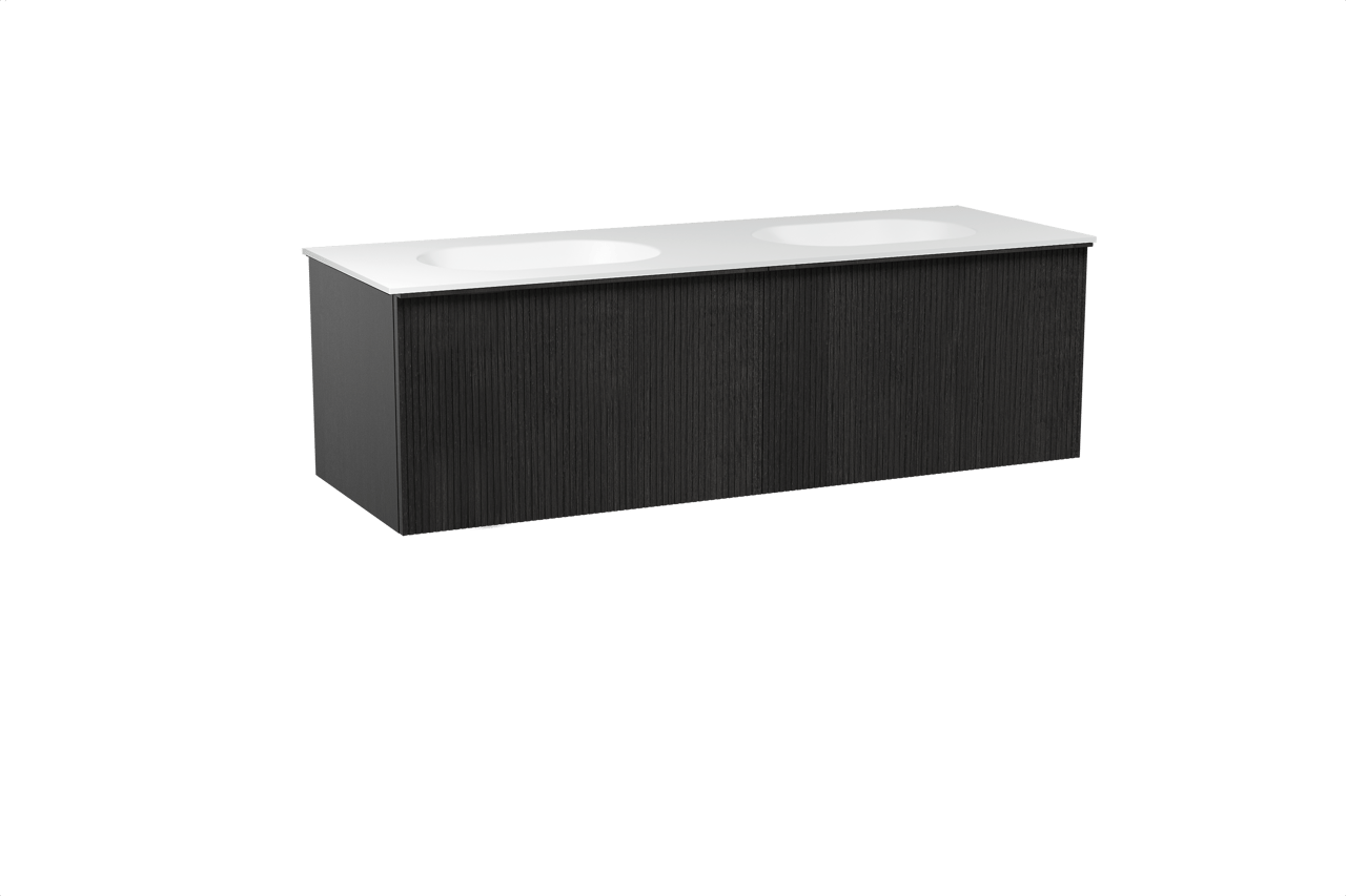 Balmani Forma hängendes Möbelstück Set: 150 x 55 cm, Schwarze Eiche, mit Tablo Oval Doppelwaschtisch, Solid Surface, Weiß matt, Vertikale symmetrische gerade Rippe