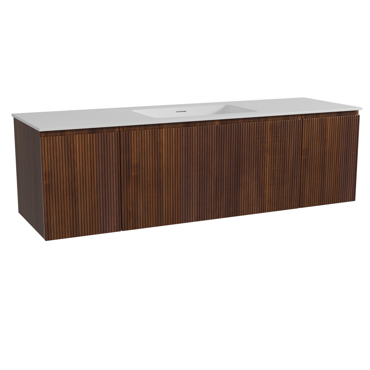 Storke Ribs zwevend badkamermeubel 165 x 52 cm notelaar met Mata enkele wastafel in solid surface mat wit, Verticale symmetrische rechte ribbel