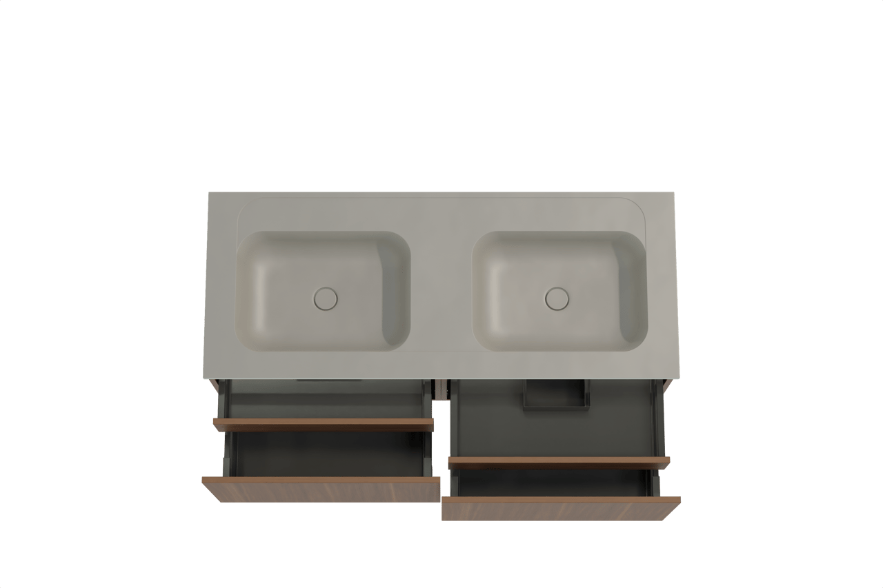 Balmani Sfera hängendes Möbelstück Set: 135 x 55 cm, Amerikanischer Nussbaum, mit Tablo Strada Doppelwaschtisch, Marmorkomposit Seidengrau