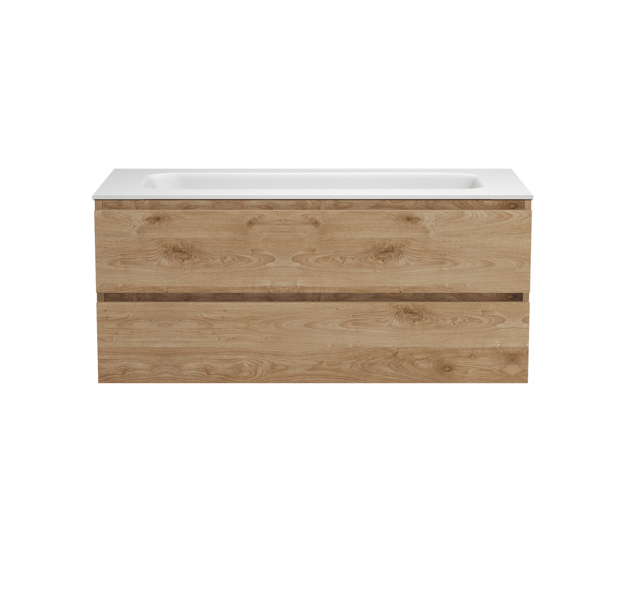 Balmani Lucida zwevend badkamermeubel 120 x 55 cm ruwe eik met Tablo Arcato enkele wastafel voor 2 kraangaten in solid surface mat wit