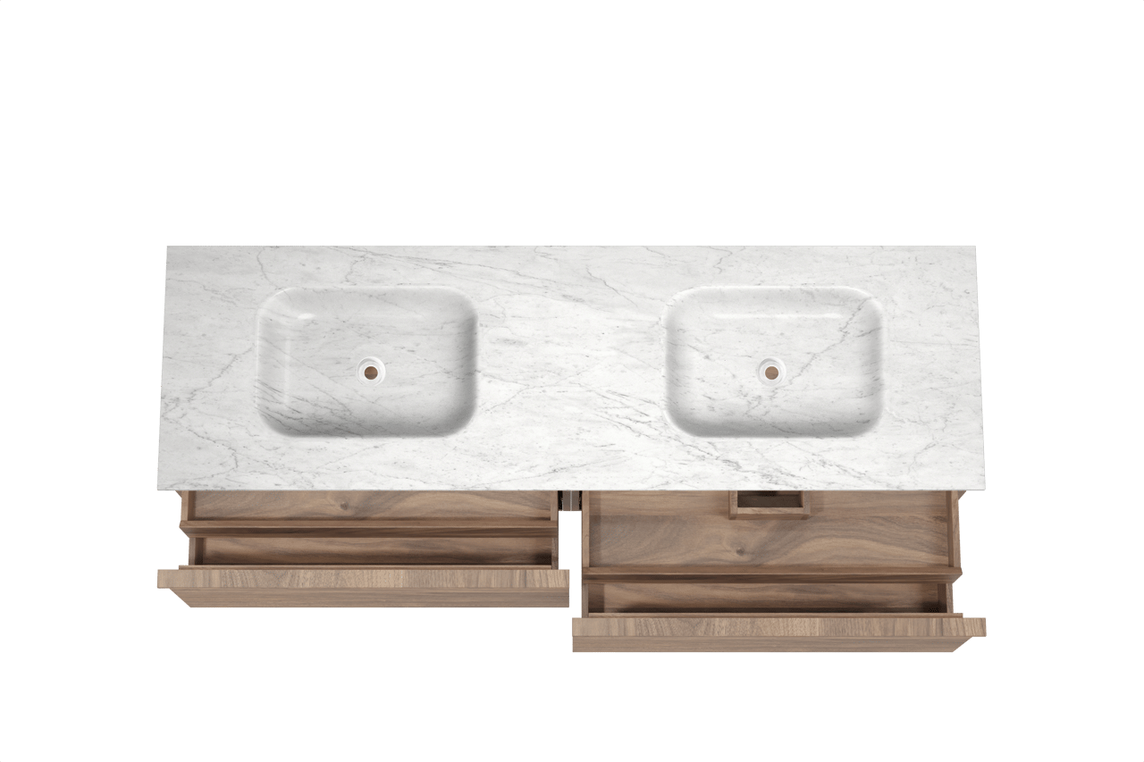 Balmani Forma hängendes Möbelstück Set: 180 x 55 cm, Amerikanischer Nussbaum, mit Tablo Arcato Doppelwaschtisch, Marmor, Carrara, Horizontale symmetrische gerade Rippe