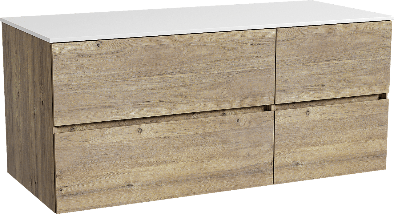 Storke Edge zwevend badmeubel 120 x 52 cm ruw eiken met Tavola enkel of dubbel wastafelblad in solid surface mat wit