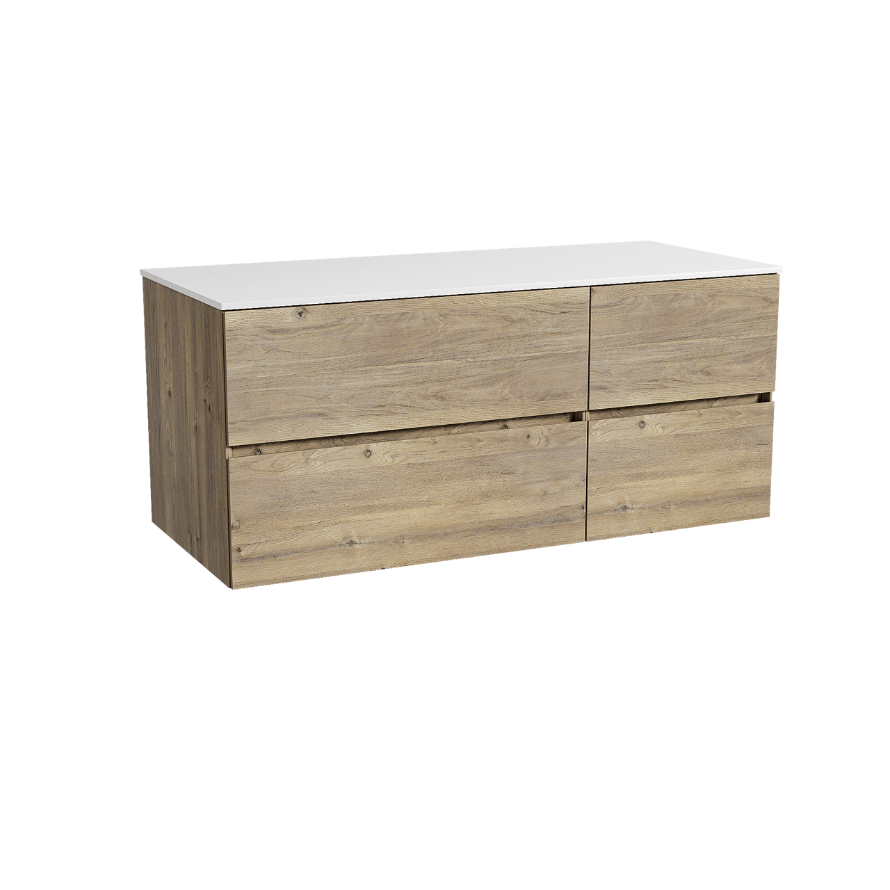 Storke Edge zwevend badmeubel 120 x 52 cm ruw eiken met Tavola enkel of dubbel wastafelblad in solid surface mat wit