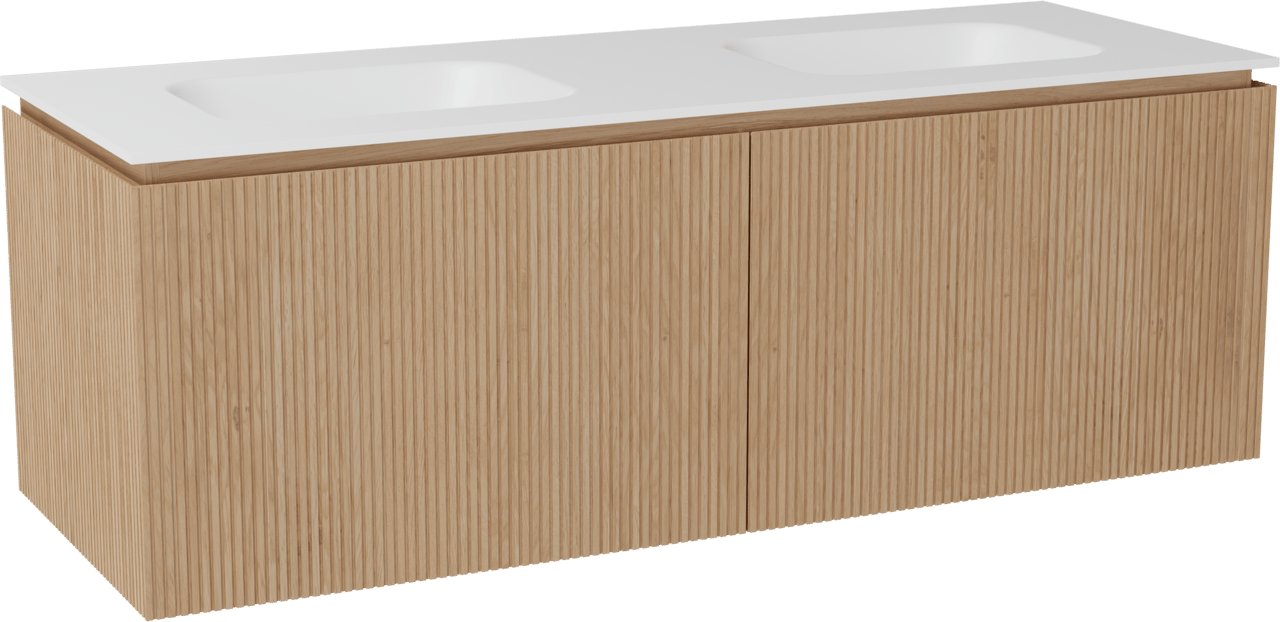 Balmani Eclips meuble salle de bains suspendu 150 x 55 cm Chêne naturelle avec Tablo Arcato double vasque en Solid Surface blanc mat, Nervure droite symétrique verticale