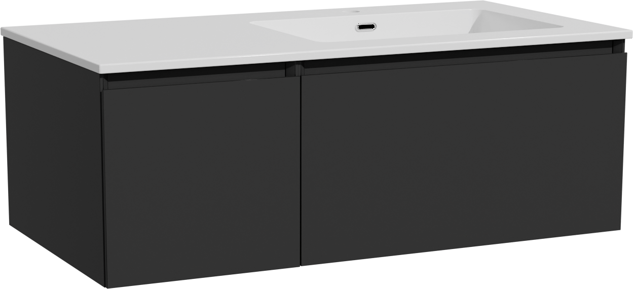 Storke Edge zwevend badmeubel 100 x 52 cm mat zwart met Diva asymmetrisch rechtse wastafel in composietmarmer hoogglans wit