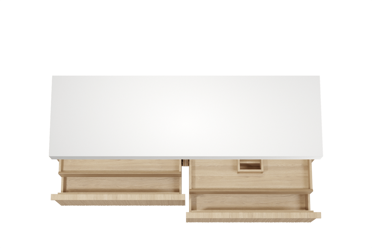 Balmani Forma zwevend badmeubel 180 x 55 cm naturel eiken met Dominus enkel of dubbel wastafelblad in solid surface mat wit, Verticale asymmetrische ronde ribbel