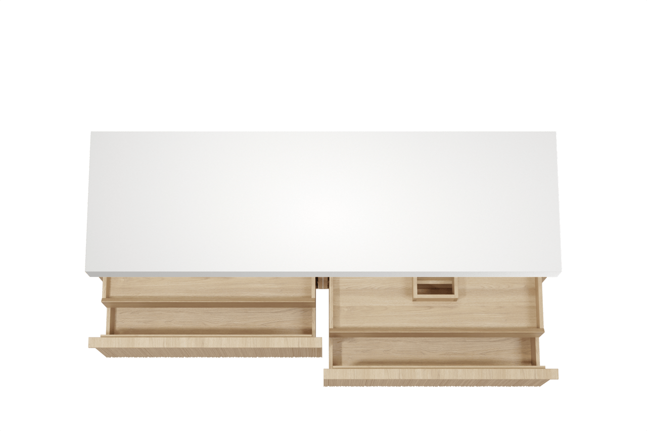 Balmani Forma meuble salle de bains suspendu 180 x 55 cm chêne naturel avec Dominus tablette simple ou double en solid surface blanc mat, Nervure circulaire asymétrique verticale