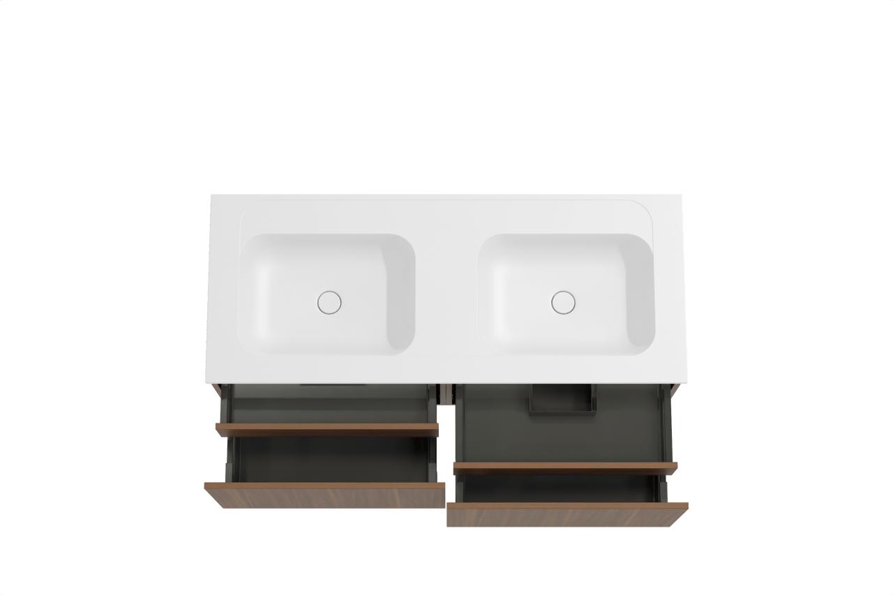 Balmani Sfera zwevend badkamermeubel 135 x 55 cm amerikaanse notelaar met Tablo Strada dubbele wastafel in composietmarmer mat wit